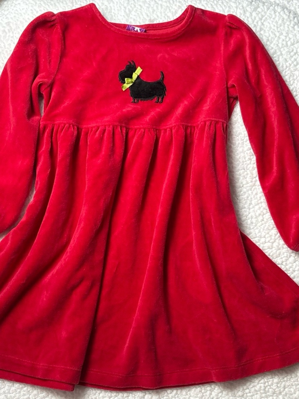 J Khaki Red Velvet Long-Sleeve Dress with Scotty Dog